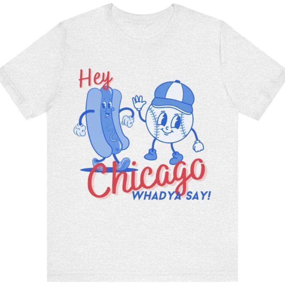 Chicago Cubs Hot Dog Baseball Cartoon Short Sleeve Tee Shirt Ash Grey